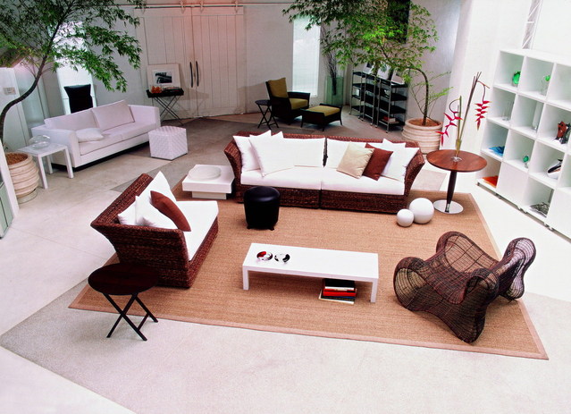 rozmístěný nábytek v obývacím pokoji s kobercem